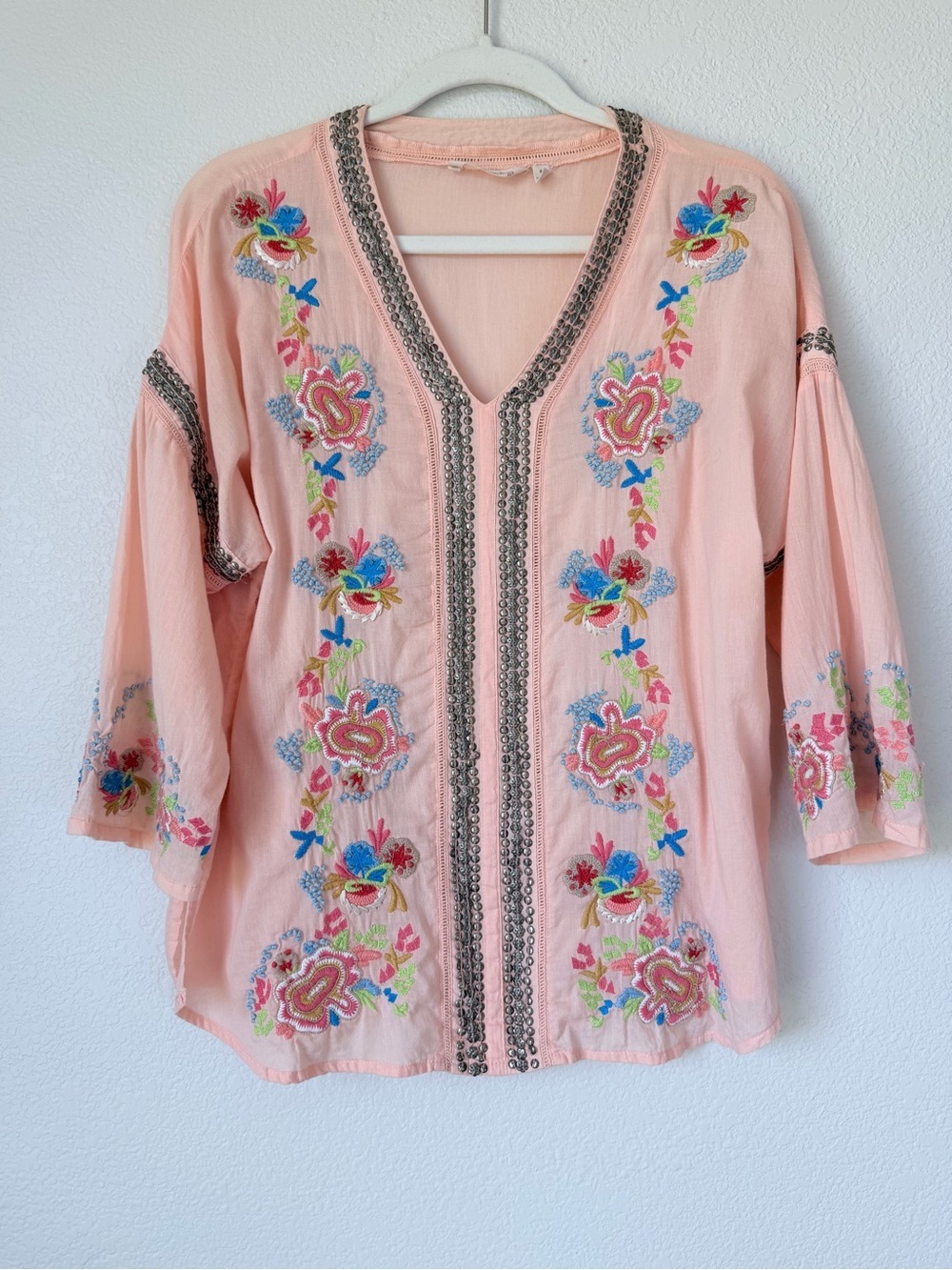 Soft Surroundings Palm Island Embroidered Cotton Tunic Boho Peasant Top S